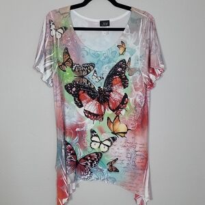 Y2K Jostar Butterfly Embellished Tunic Top Size M Shark Bite Fairy 90s Colorful
